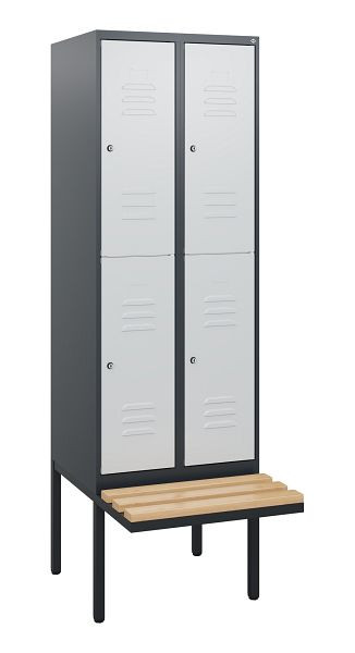C+P dubbeldekskast Classic PLUS, 2 vakken, 1950x600x815mm, 7016/7035, cilindersloten, beukenhouten zitlatten, zitting, 0803405-20 S10043