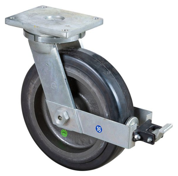 BS Rolls Zwaarlastwiel met wiel/rem, breedte 100 mm, Ø400 mm, tot 1500 kg, zwarte elastische banden, gegoten wiellichaam, kogellagers, RR120.B81.401