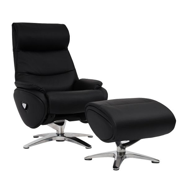Mendler relaxfauteuil met kruk HWC-K98, tv-fauteuil fauteuil, ligfunctie draaibaar, metaal echt leer/kunstleer, zwart, 98334