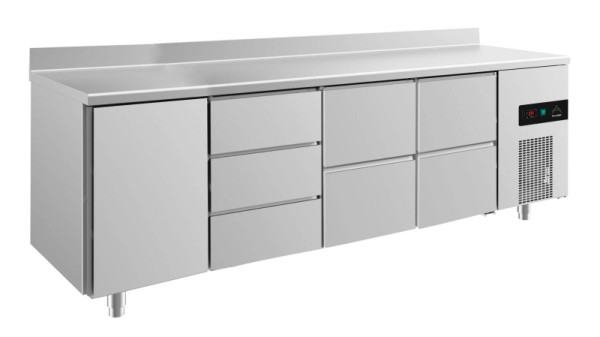 A&S Polarny koeltafel -2 tot +8°C met deur links, 2x twee laden en drie laden middenlinks, 2330 x 700 x 850 mm, met opstand, KT4TDZZA