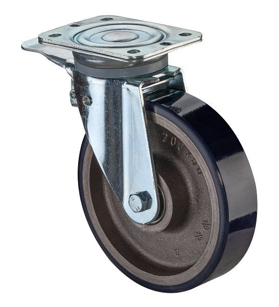 BS Wielen Zwaarlastwiel met rem, breedte 50 mm, Ø200 mm, tot 600 kg, polyurethaan gegoten 78 Shore A, gegoten wiellichaam, kogellager, N120.C11.201