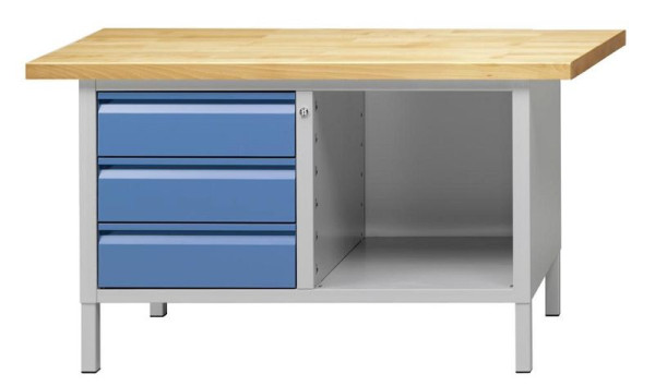 ANKE kastwerkbank; 1500 x 700 mm; RAL 7035/5012; Links 3 laden 170 mm; Rechts open onderwerp