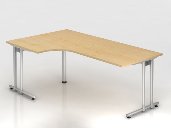 Hammerbacher hoektafel C-poot 200x120cm 90° esdoorn/zilver, hoekvorm 90°, horizontale kabelgoot, werkhoogte 72 cm, VNS82/3/S