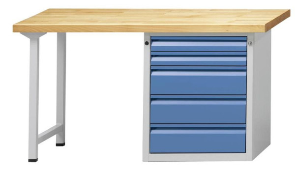 ANKE combinatie werkbank; 1500x700 mm; RAL 7035/5012; Rechter onderkast 625x640x800mm, 5 laden 85, 85, 170, 170, 170mm