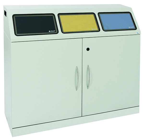 stomp afval scheiden Flex-M driedubbel inzamelstation met binnencontainers, ProPads in blauw, geel en antraciet, 660-075-4-2-735