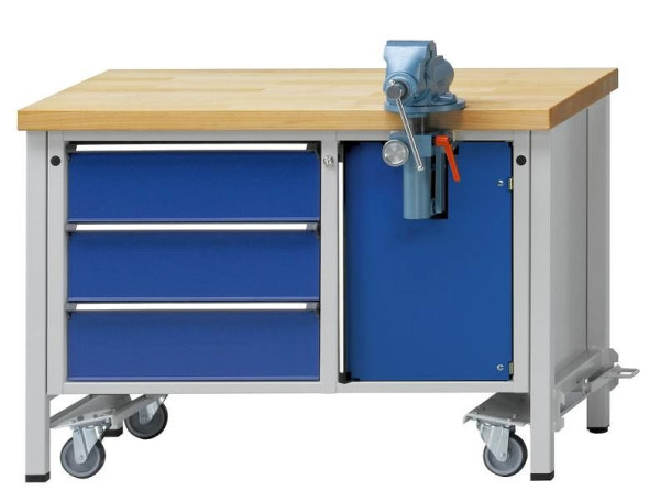 ANKE mobiele werkbank; Rijden middelen; 1270x700mm; Beuk massieve plaat; Plaat randbescherming; Links 3 laden Rechter bankschroefcompartiment, model 706 V