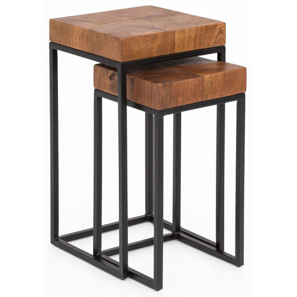 Wohnling Design Sheesham metalen bijzettafel set van 2 klein, WL5.660