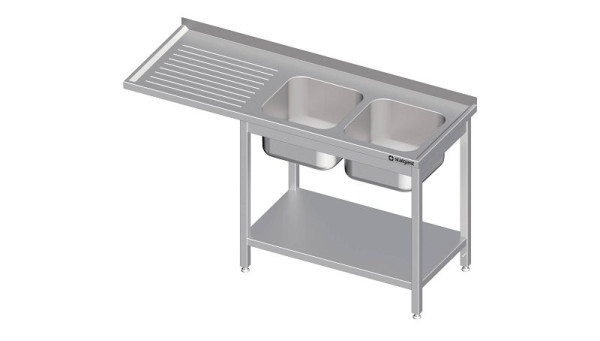Stalgast spoelunit, hoogte 850 mm, met sokkel en overstek, met twee wastafels, met opstaande rand, gelast