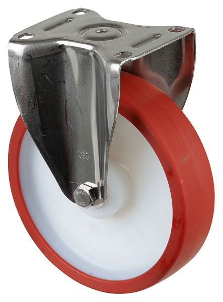 BS rollen RVS zwaarlastwiel bokwiel, RVS, glijlager rood polyurethaan wiel, schroefplaat, diameter 200 mm, HS110.B27.201