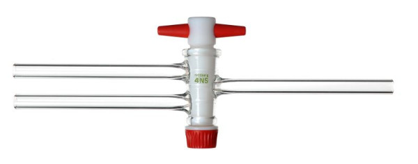 Rettberg tweewegkraan - patentkraan, PTFE plug NS 18,8/4,0 mm boring, met schuine parallelle boringen, borosilicaatglas 3.3, 134505304