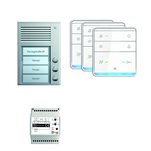 TCS deurbediening audio: pack AP voor 3 wooneenheden, met buitenpost PAK 3 belknoppen, 3x handsfree luidspreker ISW5010, bedieningseenheid BVS20, PSC2330-0000