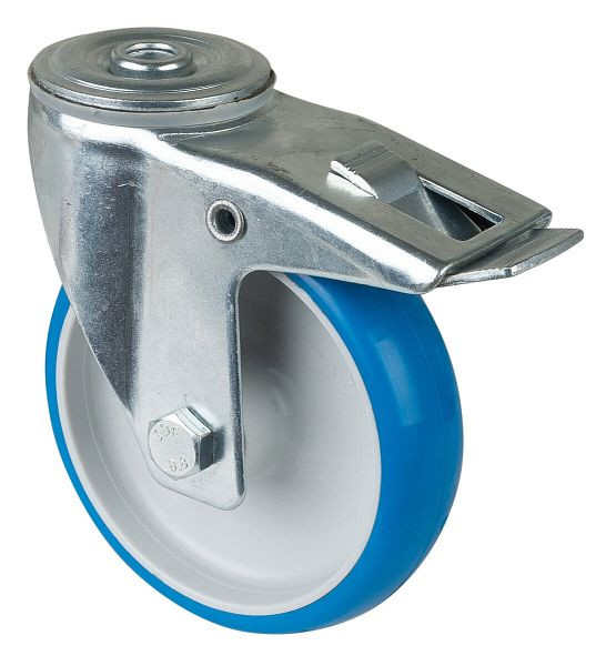 BS rollen transportrol met rem, breedte 32 mm, Ø125 mm, tot 150 kg, loopvlak polyurethaan blauw, behuizing kunststof, rollager, L121.B36.125