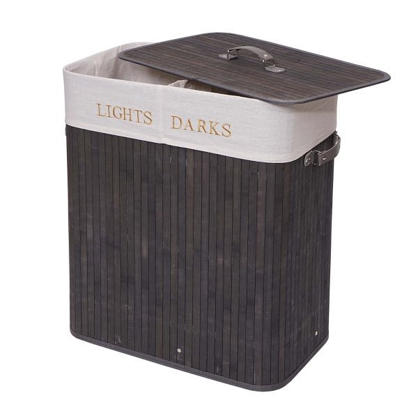 Mendler wasmand HWC-C21, Wasmand wasbox wasmand wasmand, bamboe 2 vakken 63x55x34cm 100l, donkergrijs, 74040