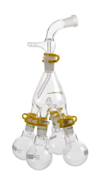 Rettberg destillatiesjabloon volgens Bredt, verlenging met sleeve NS 14.5/23, verdeler en 4x opvangkolf, 25 ml, 134091112