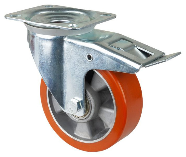 BS rollen transportrol met rem, breedte 50 mm, Ø150 mm, tot 300 kg, gegoten polyurethaan loopvlak, aluminium behuizing, kogellagers, L420.B90.151