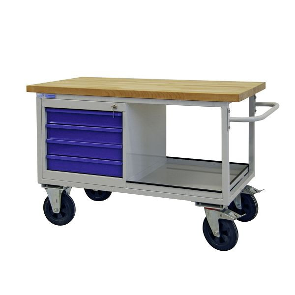 ADB verrijdbare werkbank "tafelwagen type" 4 laden + 1 legbord, HxBxD: 840x1300x600 mm, lichtgrijs, RAL 7035, deur/laden: lichtblauw, RAL 5012, 42741