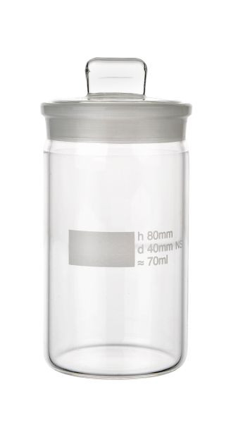 Rettberg weegglas, hxØ 80x40 mm, hoge vorm, met ingeslepen stop, gesatineerd etiket, borosilicaatglas 3.3, 114218040