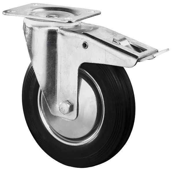 BS rollen transportrol met rem, breedte 70 mm, Ø280 mm, tot 350 kg, zwart rubberen loopvlak, stalen velg, rollager, plaat, L420.B55.280