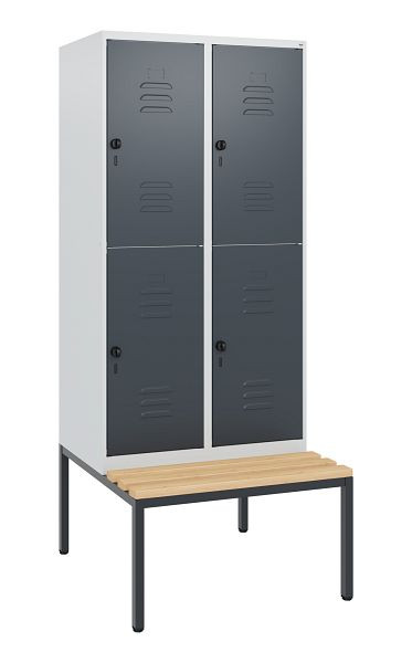 C+P Doppelstöckiger Spind Classic PLUS, 2 Abteile, 1950x800x815mm, 7035/7035, Drehriegel, Buche-Sitzleisten, mit untergebauter Sitzbank, 0803505-22 S10008