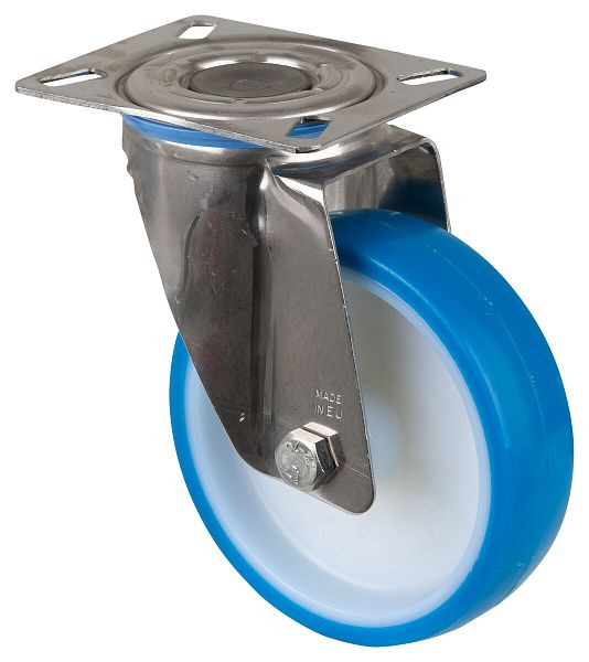 BS rollen RVS transportrol, breedte 40 mm, Ø150 mm, tot 200 kg, loopvlak polyurethaan blauw, wiellichaam kunststof, glijlager, plaat, H100.B32.150