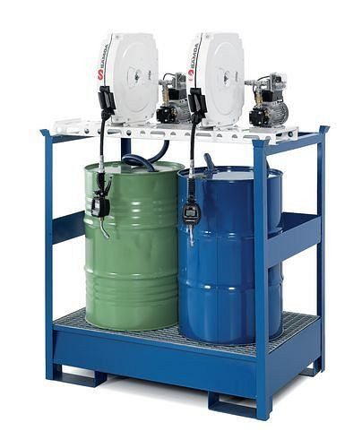 DENIOS oliestation EPO-2-Z, kuip, 2 elektrische vatpompen, slanghaspel gesloten 10 m, 201-607