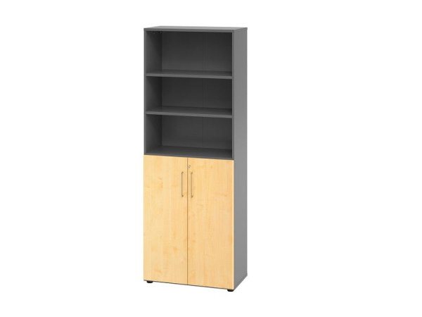 Hammerbacher combikast 6OH met deuren 3OH 968T3, romp: grafiet / voorkant: esdoorn, 80x41,7x215,6 cm (BxDxH), achtervergrendeling, metalen handgreep, V968T3/G/3/BS