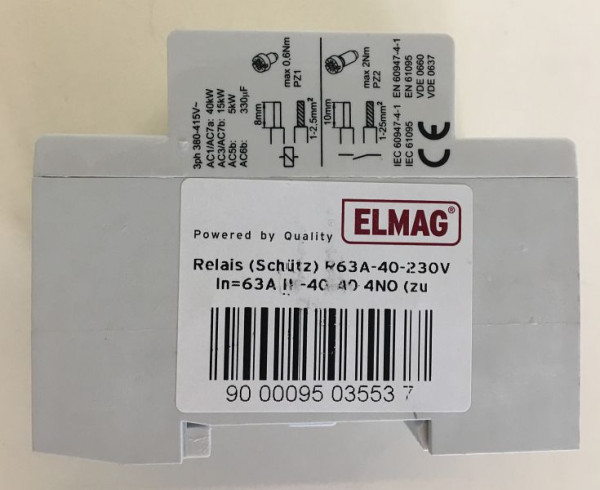 ELMAG relais (magneetschakelaar) R40A-40-230V 4P, In=40A IK-40-40 4NO (voor ISO-bewaking), 9503377