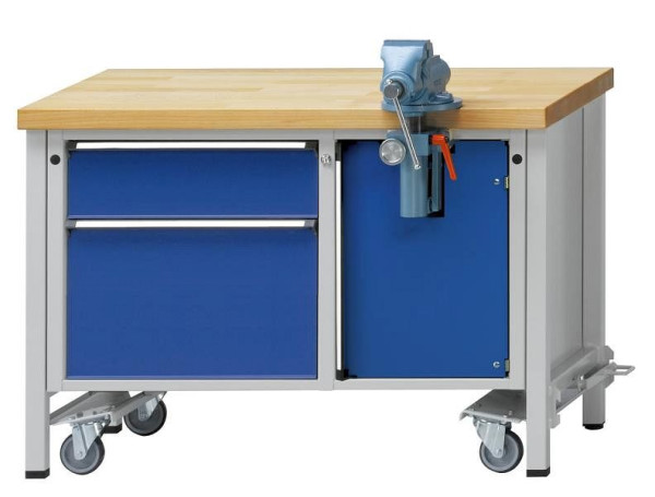 ANKE werkbank voor assemblage; mobiel; met aandrijfinrichting; 1270x700mm; Beuk massieve plaat; Links 2 laden 180, 360 mm; Bankschroefcompartiment rechts