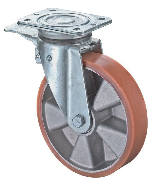 BS-wielen Zwaarlastwiel met rem, breedte 50 mm, Ø200 mm, tot 600 kg, polyurethaan gegoten 95 Shore A, aluminium behuizing, kogellager, N120.B90.203