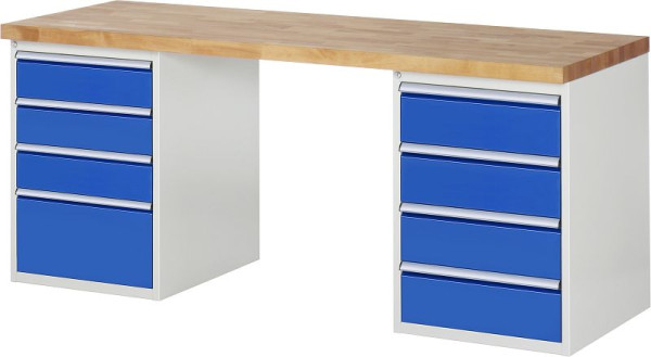 RAU werkbank serie 7000 - modulair ontwerp, 2x onderbouwcontainers (4x laden) links en rechts, 2000x840x700 mm, 03-7820A3-207B4S.11