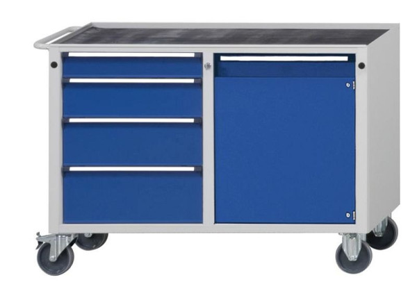 ANKE werkplaatswagen; 1090x615x810mm; Kuip met antislipmat; 2-delige behuizing; Links 4 laden 90, 120, 180, 210 mm; Rechts 1 deur 600 mm, 460.100