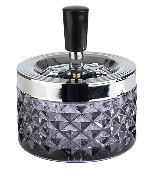 APS roterende asbak -PUSH-, Ø 9,5 cm, hoogte: 11 cm, glas, donkergrijs, glanzend, verchroomd metaal, deksel met draaimechanisme, 00568