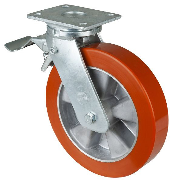 BS-wielen Zwaarlastwiel met wiel/slot, B50 mm, Ø250 mm, tot 1000 kg, oppervlak gegoten polyurethaan 95 Shore A, aluminium, kogellagers, RR120.B90.250