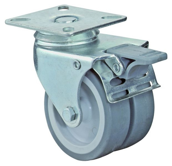 BS rollenapparaat dubbele rol met rem, breedte 2x24 mm, Ø75 mm, tot 80 kg, grijs rubberen loopvlak, glijlager, VE 4 stuks, B120.A80.075