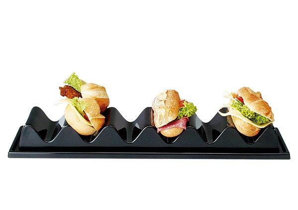 APS snackpresentator - 6 troggen, 60 x 19 cm, hoogte: 7,5 cm, polystyreen, zwart, met sapgleuf, met verzonken handgreep, 11889