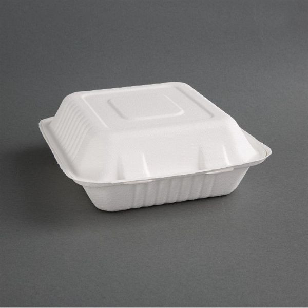 Fiesta Composteerbare Composteerbare Bagasse Menuboxen met Scharnierend Deksel 3 Compartimenten (Pak van 200), FC526