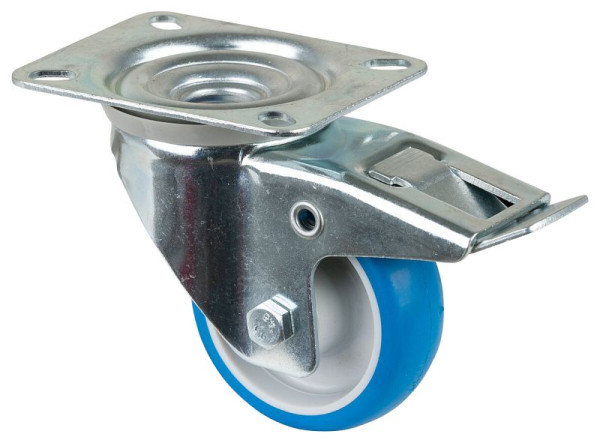 BS rollen transportrol met rem, breedte 28 mm, Ø80 mm, tot 125 kg, blauw polyurethaan, kunststof behuizing, rollager, plaat, L420.B36.080