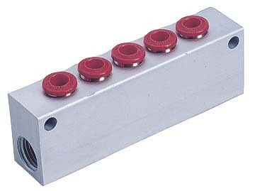 timmer B-VT-5x4-2x1/8-AL, aluminium verdeelblok met 2 draadverbindingen en 5 steekverbindingen, slang-Ø: 4 mm, draad: 1/8", VE: 5 stuks, 03903505