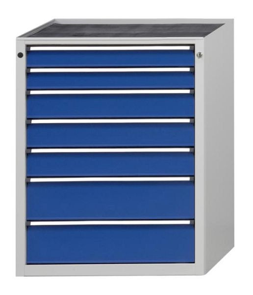 ANKE ladekast; 765 x 700 x 1020 mm; RAL 7035/5010; Massief beuken blad 40 mm; 7 laden 90, 90, 120, 120, 120, 180, 180 mm, 610.009