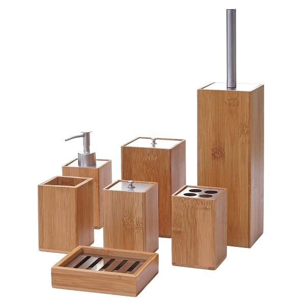 Mendler 7-delige badkamerset HWC-A90, toiletset, badkamerset, badkameraccessoires, zeepdispenser, tandenborstelhouder, zeepbakje, bamboe, 60786