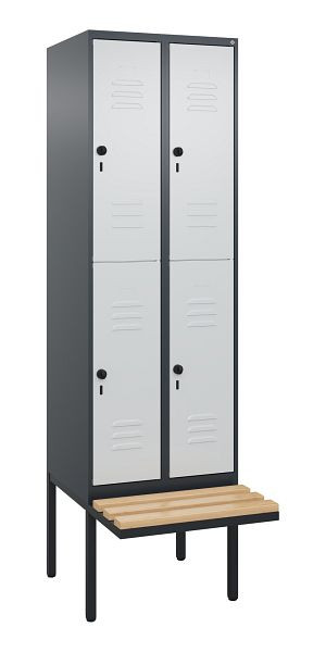 C+P Doppelstöckiger Spind Classic PLUS, 2 Abteile, 2120x600x815mm, 7016/7035, Drehriegel, Sitzleisten aus Buche, schwebende Sitzfläche, 0803407-20 S10013