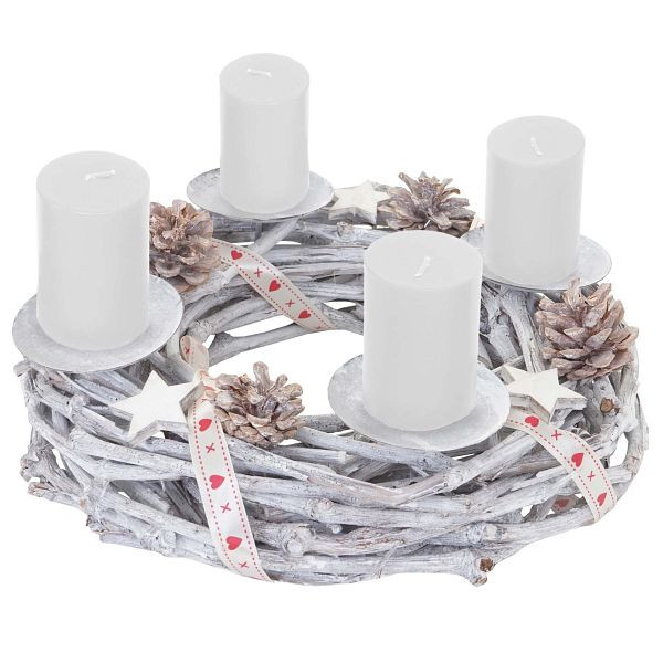Mendler Adventskrans rond, kerstversiering tafelkrans, hout Ø 30cm witgrijs, met kaarsen, wit, 56667