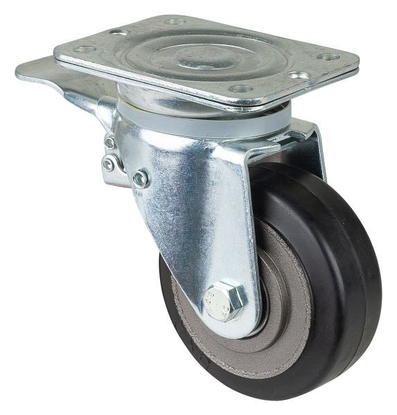 BS Rolls Zwaarlastwiel met rem, breedte 50 mm, Ø125 mm, tot 275 kg, zwarte elastische banden, gegoten wiellichaam, kogellagers, N120.B81.125