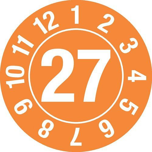 DENIOS teststicker "27", in cirkel, oranje, folie, zelfklevend, 25 mm, verpakking: 5 vellen à 15 stuks, 290090