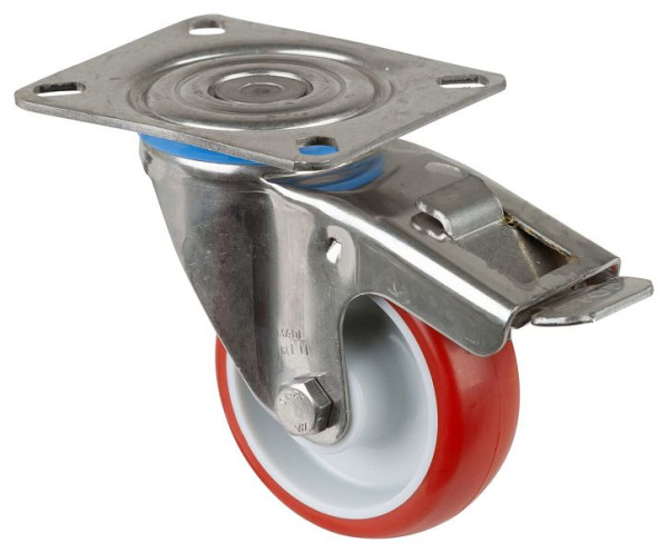 BS rollen RVS transportrol met rem, B28 mm, Ø80 mm, tot 100 kg, rood polyurethaan oppervlak, kunststof behuizing, glijlager, plaat, H120.B26.080