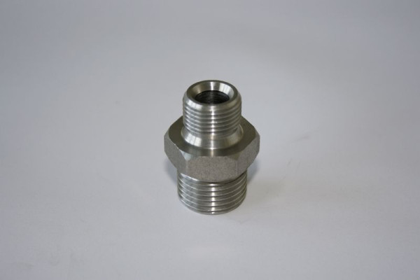 ELMAG HD dubbele nippel 'RVS AISI 304', AG 1/2" x AG 3/8", tot 400 bar, met 60° universele afdichtingskegel, 42215