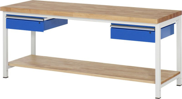 RAU werkbank serie 8000 - frameconstructie (gelast frame), 2x laden, massief beukenhouten plank, 2000x840x700 mm, 03-8002A7-207B4S.11
