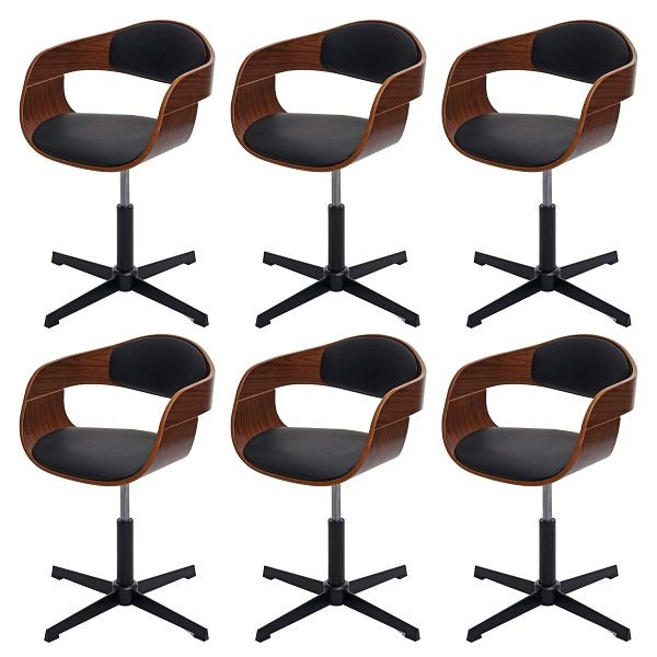 Mendler HWC-H46 set van 6 eetkamerstoelen, keukenstoelen, in hoogte verstelbaar draaimechanisme, gebogen hout, walnoot look, kunstleer, zwart, 6x73496