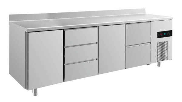 A&S Polarny koeltafel -2 tot +8°C met 2x deuren, twee laden rechts en drie laden middenlinks, 2330 x 700 x 850 mm, met opstand, KT4TDTZA