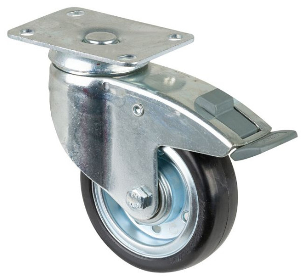 BS-wielen Zwaar apparaatwiel met rem, breedte 32 mm, Ø100 mm, 80 kg, grijs rubber, geleidend, kunststof behuizing, kogellager, plaat, C120.A89.100